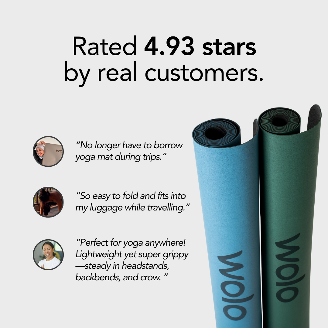 Two yoga mats with customer reviews and a rating on a light gray background