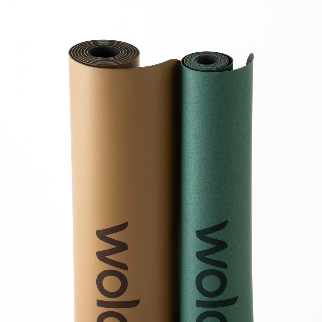 Khaki yoga mat and green travel yoga mat with white background