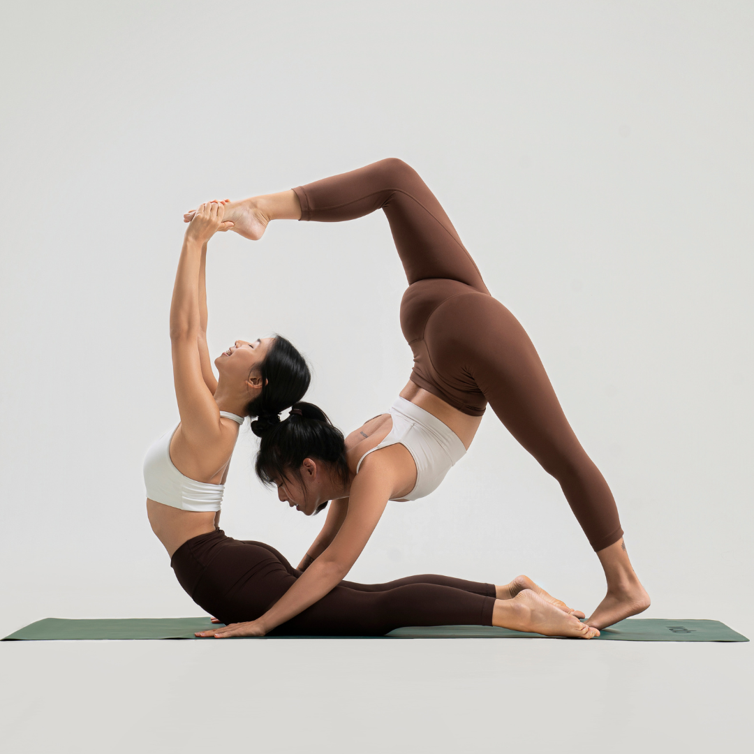 acroyoga cobra pose partner three-legged down dog on travel yoga mat green-travel-mat-5#color_rainforest green