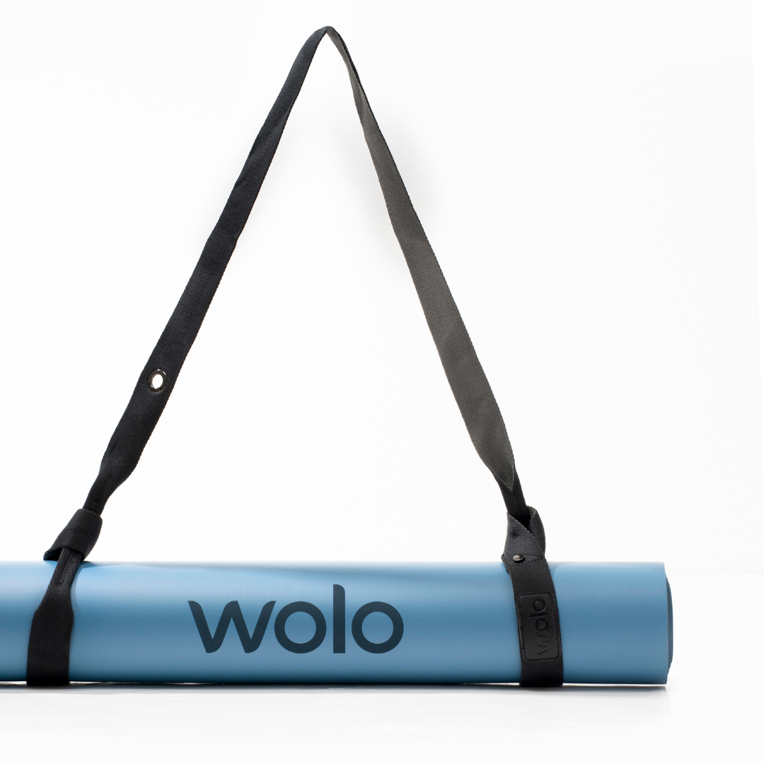 blue yoga mat with ash grey yoga mat strap