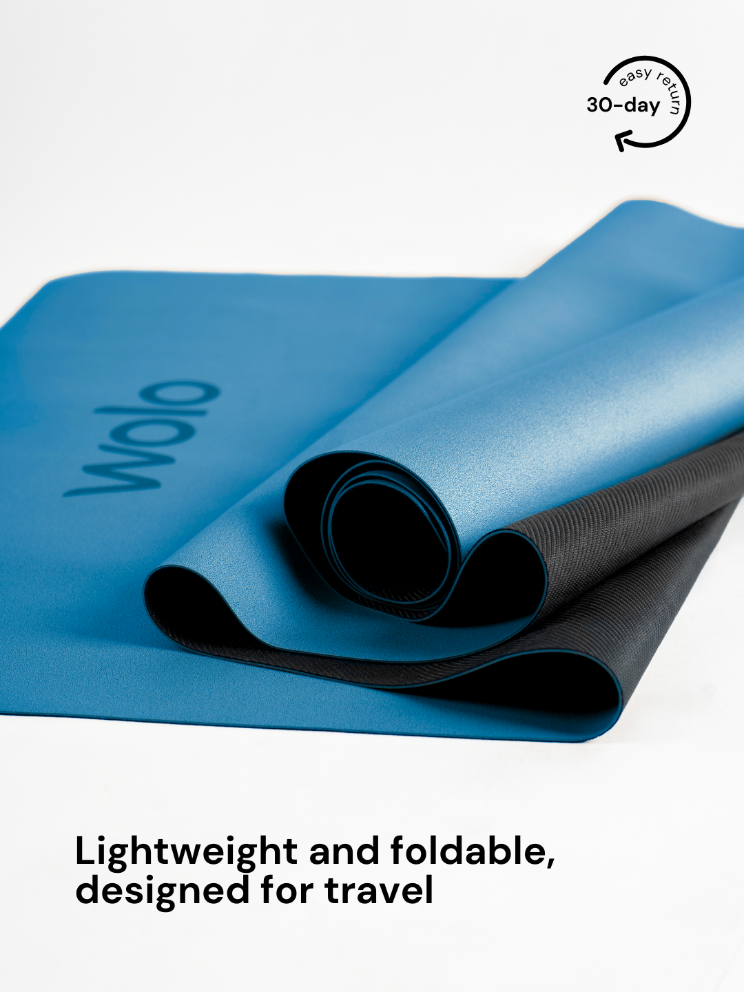 Rolled-up view of an Ocean blue foldable travel yoga mat