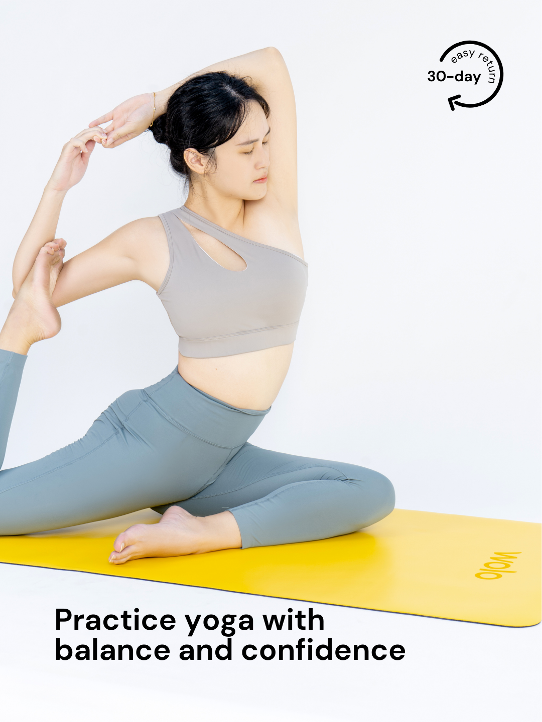 Lady doing yoga a saffron yellow yoga mat