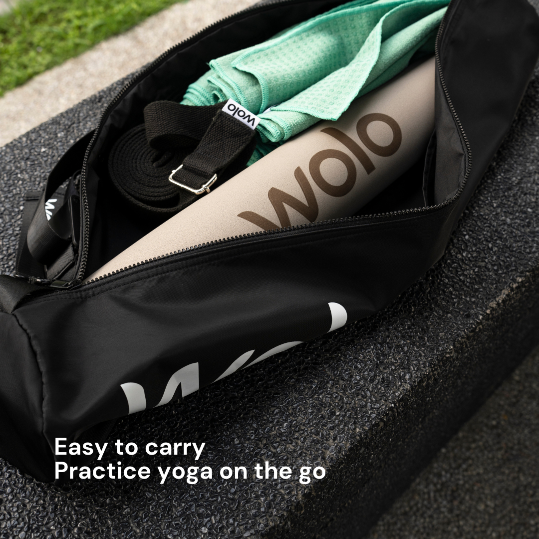 Beige foldable travel yoga mat is lightweight