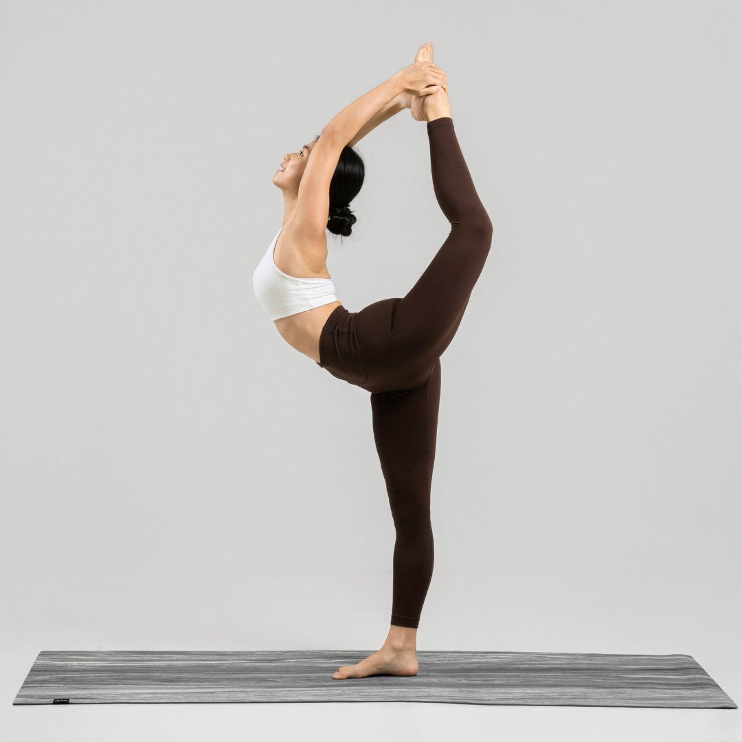 King dancer pose on Wolo Ascend Yoga Mat Limestone Grey colour
