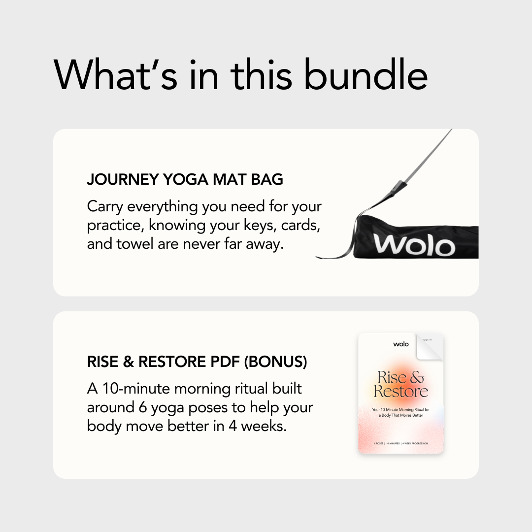 Product bundle description with yoga mat bag and 'Rise & Restore' PDF on a light gray background.