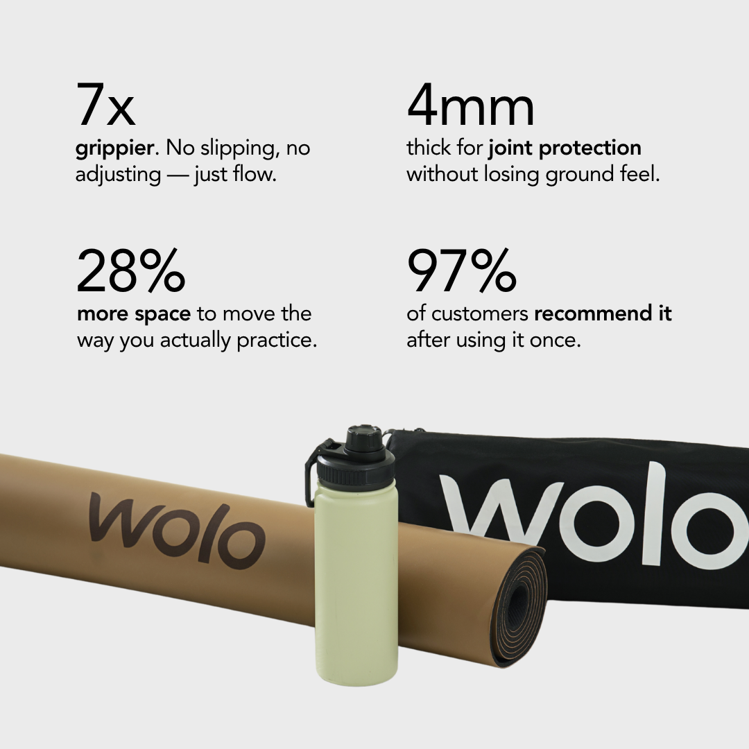 WOLO yoga mat and mat bag with product features on a white background